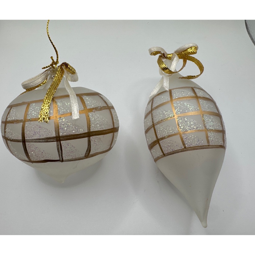 Frosted Glass Christmas Ornaments Gold Grid Glitter Set of 2 White Gold Bows